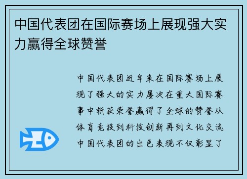 中国代表团在国际赛场上展现强大实力赢得全球赞誉