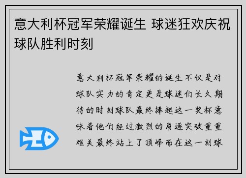 意大利杯冠军荣耀诞生 球迷狂欢庆祝球队胜利时刻