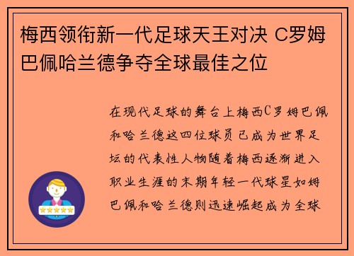 梅西领衔新一代足球天王对决 C罗姆巴佩哈兰德争夺全球最佳之位
