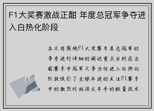 F1大奖赛激战正酣 年度总冠军争夺进入白热化阶段