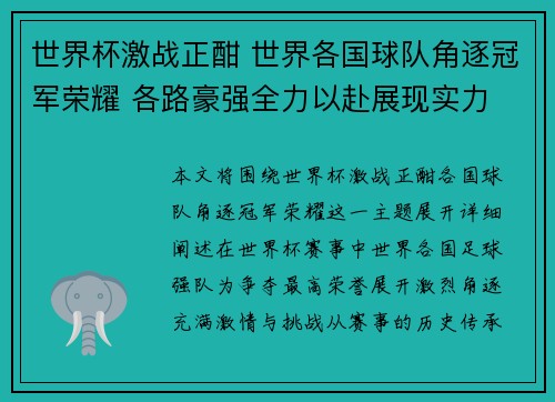世界杯激战正酣 世界各国球队角逐冠军荣耀 各路豪强全力以赴展现实力