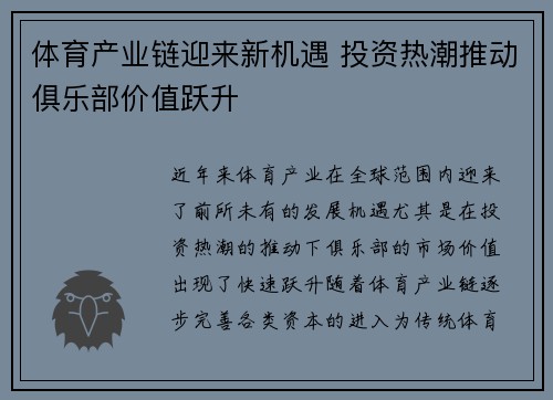体育产业链迎来新机遇 投资热潮推动俱乐部价值跃升