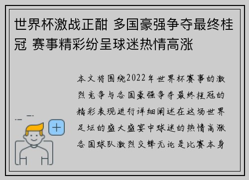 世界杯激战正酣 多国豪强争夺最终桂冠 赛事精彩纷呈球迷热情高涨